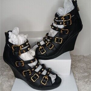 UES Upper Echelon Wedge Gladiator Sandals Size 7 US Women’s Black Leather Stud